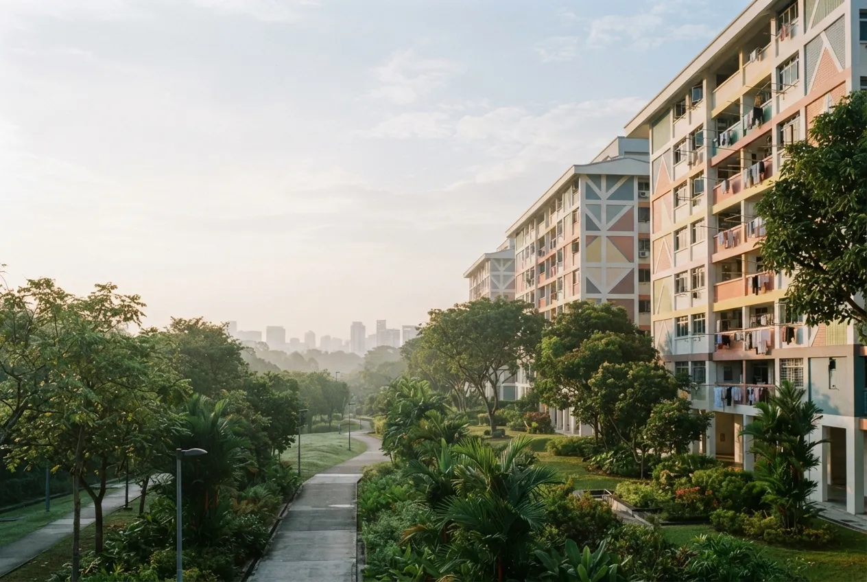 Singapore HDB housing estate at dawn with the city skyline in the distance