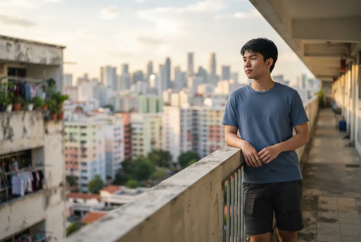Young man standing on an HDB corridor looking towards the Singapore skyline