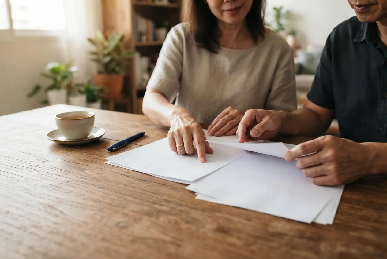 Parents reviewing documents at their dining table while planning a family PR and National Service decision