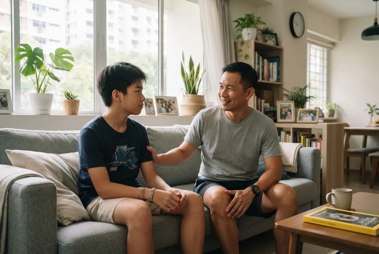 Father and teenage son talking together in an HDB flat living room in Singapore