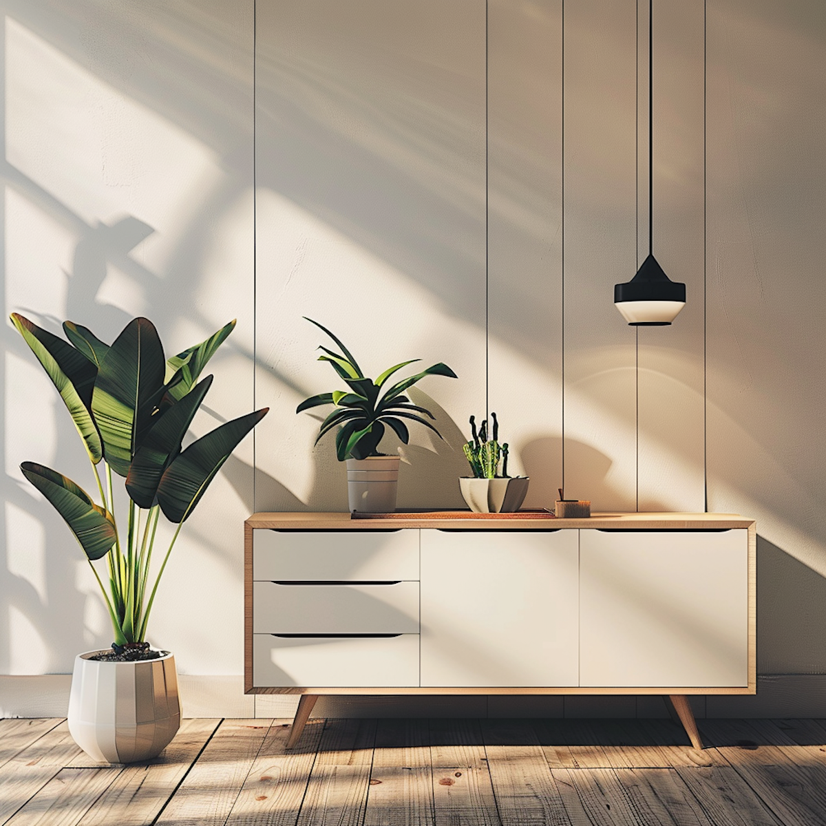 Modern minimalist sideboard with white drawers and wood trim, large plant in geometric pot, pendant light, natural sunlight