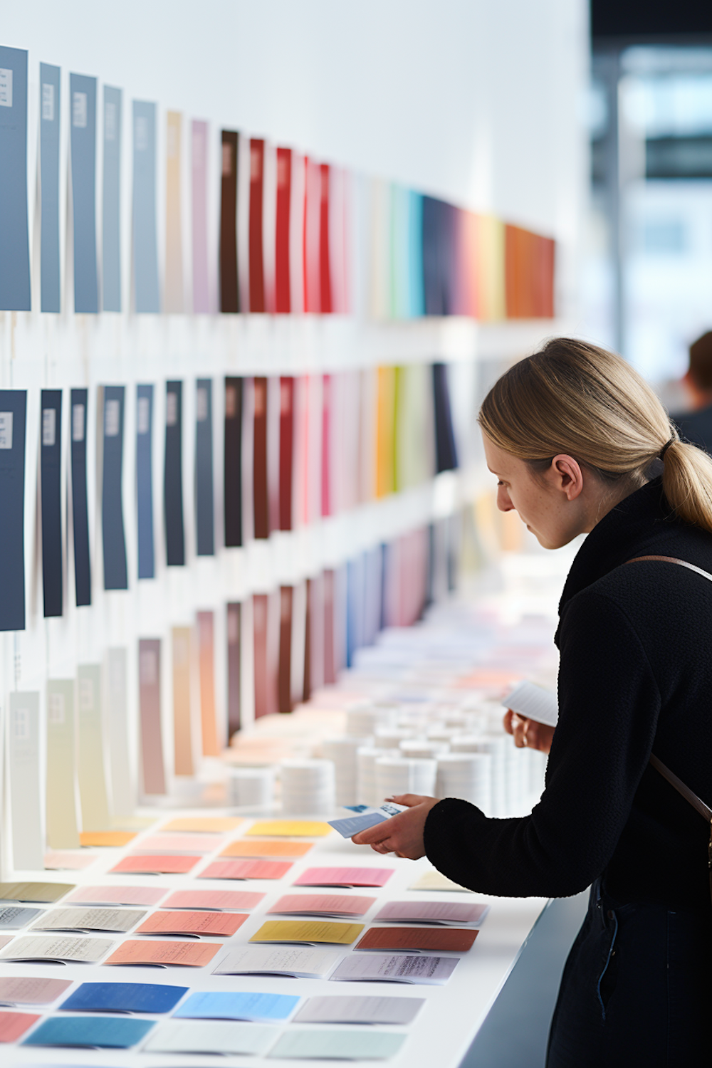 Woman examining colorful paint swatches and material samples displayed on white shelves for interior design selection