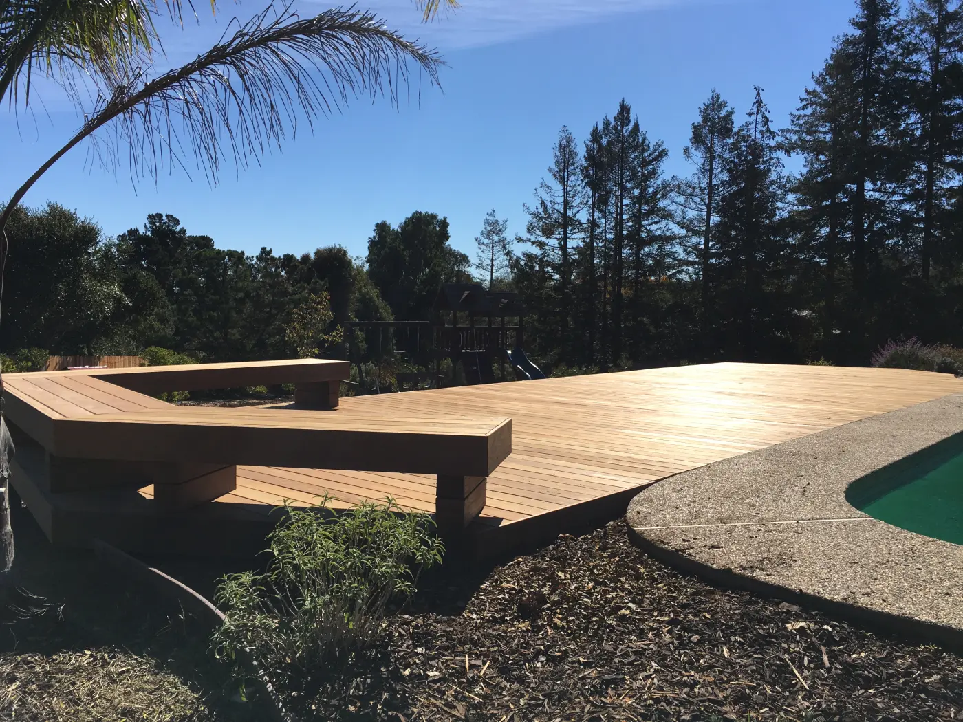 Modern wooden deck with built-in bench overlooking landscaped yard with palm tree and mature trees under blue sky