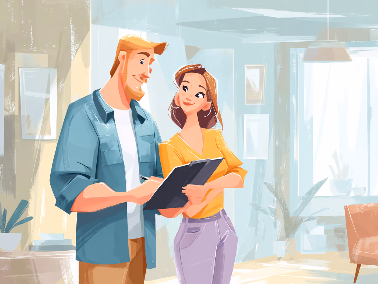 Zwei Männer im Gespräch in einer Autowerkstatt, einer trägt Blaumann und hält ein Klemmbrett, der andere eine Schirmmütze und schreibt in ein Notizbuch.