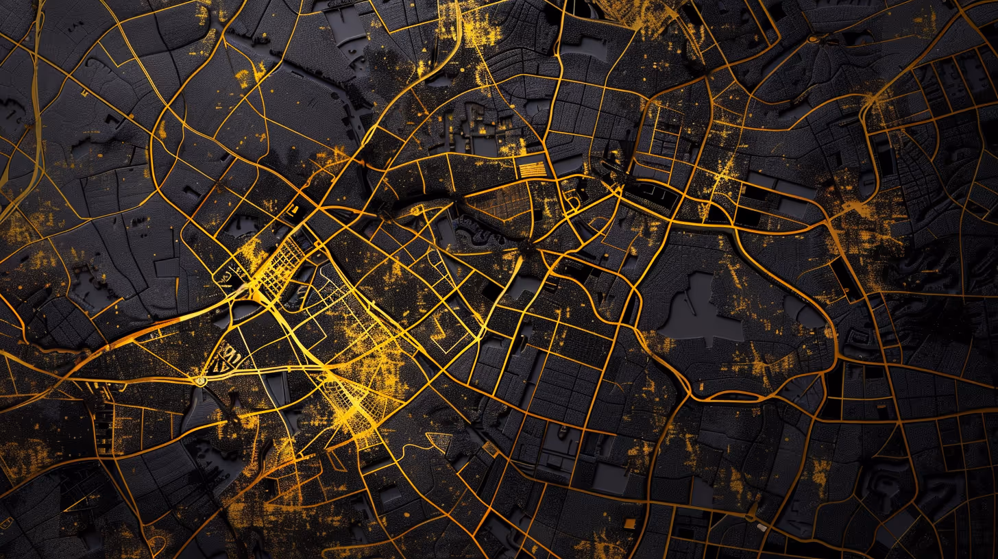 Stylized illuminated city map with dark background and bright orange-yellow roads and clusters representing urban areas.