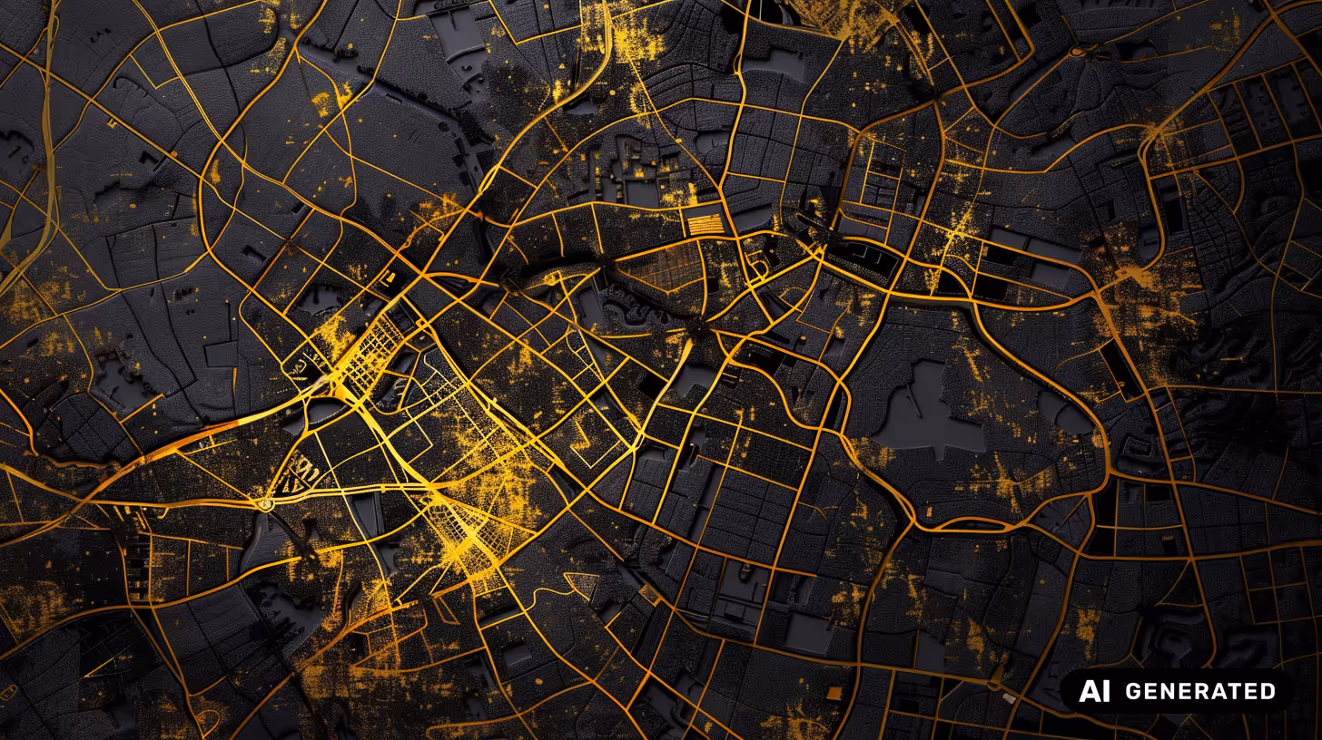 Stylized illuminated city map with dark background and bright orange-yellow roads and clusters representing urban areas.
