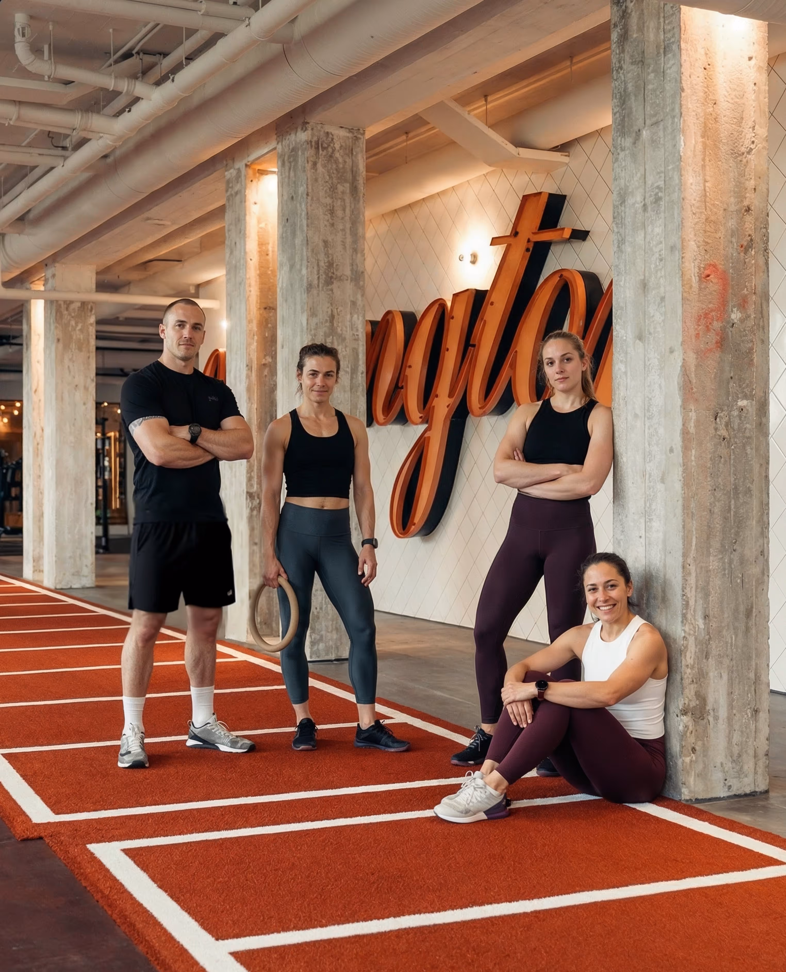 Four fit adults in athletic wear posing on an indoor red running track with large lettering on the wall behind them.