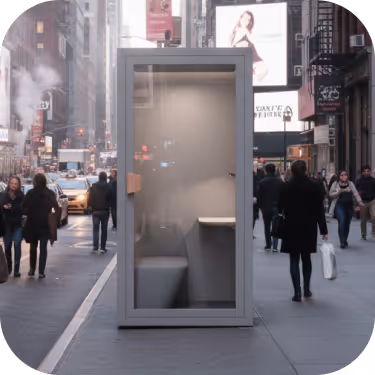 Small transparent phone booth with a stool and shelf on a busy city sidewalk with pedestrians and taxis.