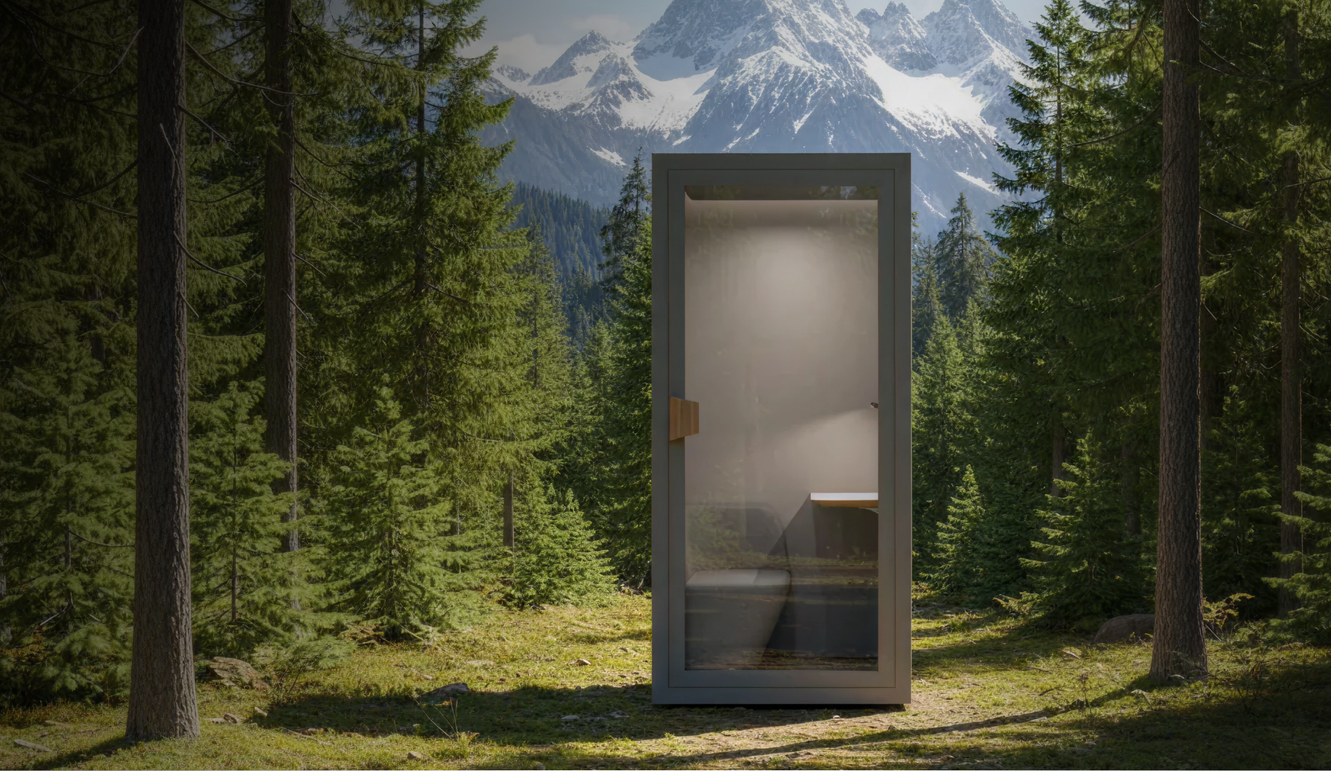 Modern office space with employees working at desks and a soundproof phone booth in the center.