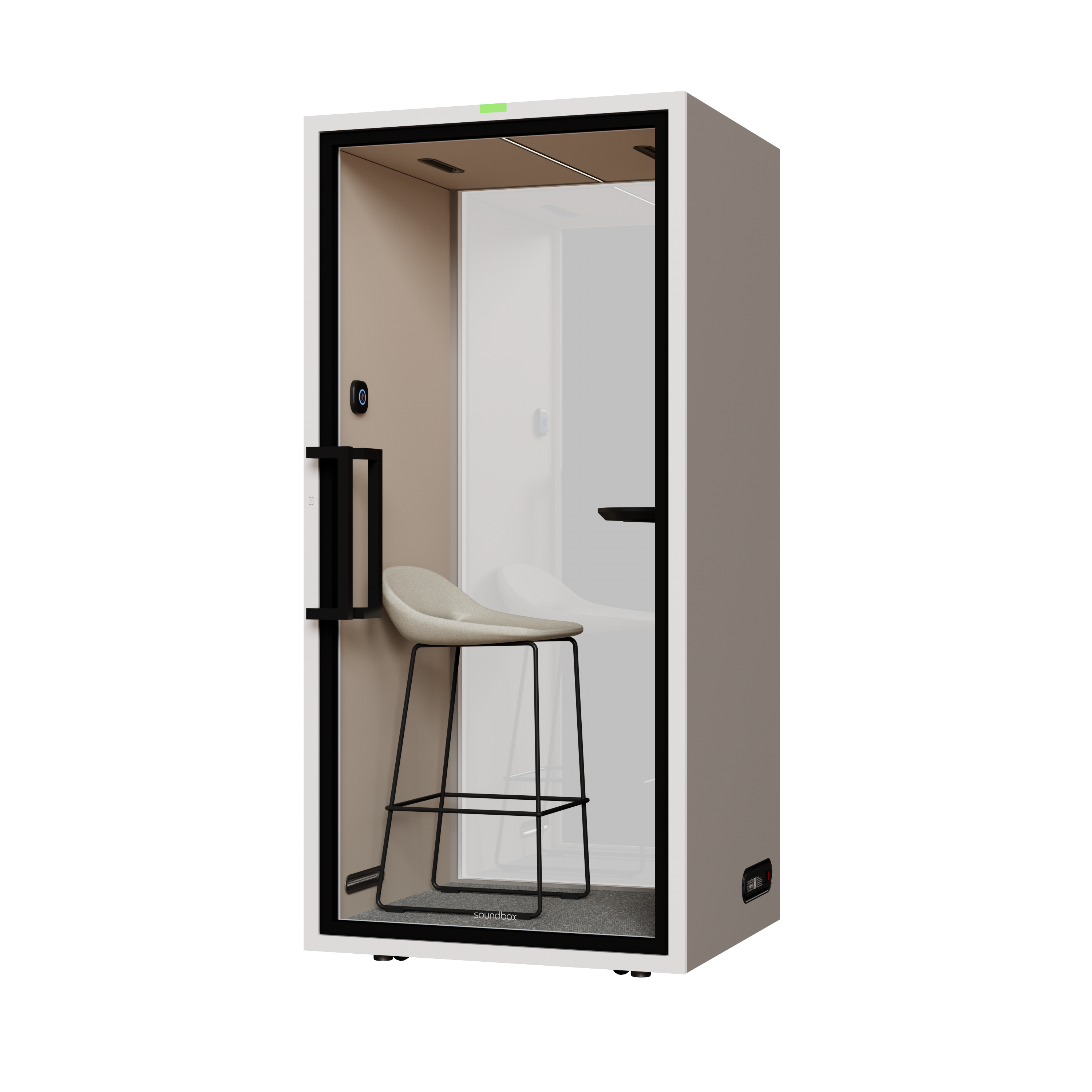 Compact private workspace booth with cushioned seat, small corner desk, and built-in power outlets.