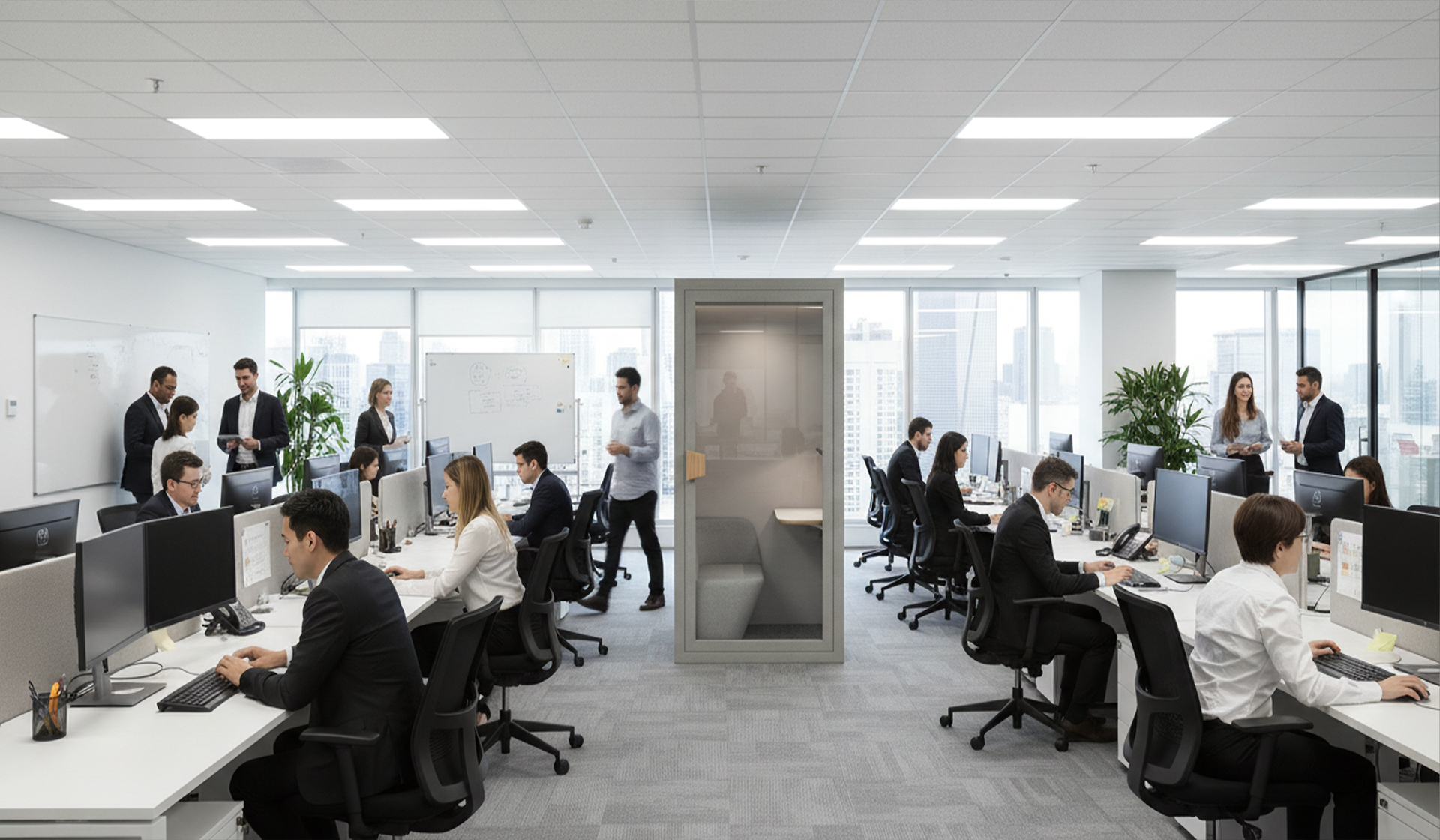 Modern office phone booth with glass door and wooden handle inside an open-plan office space.