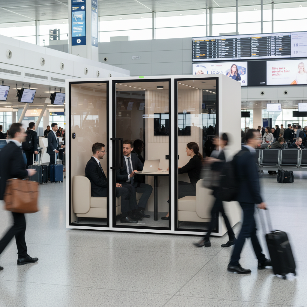 Modern office phone booth with glass door and wooden handle inside an open-plan office space.