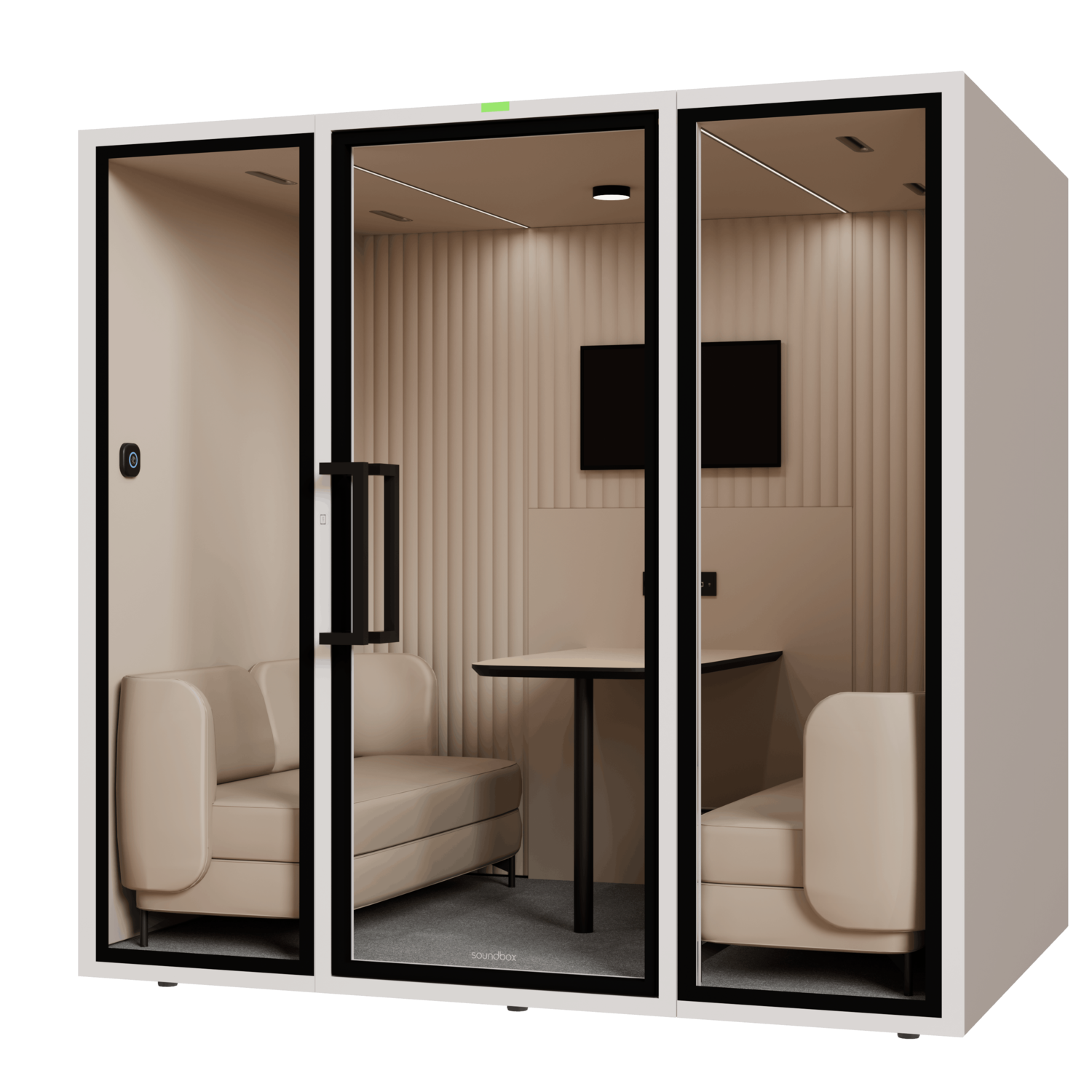 Small modern phone booth with padded bench, foldable desk, and wooden handle on glass door.