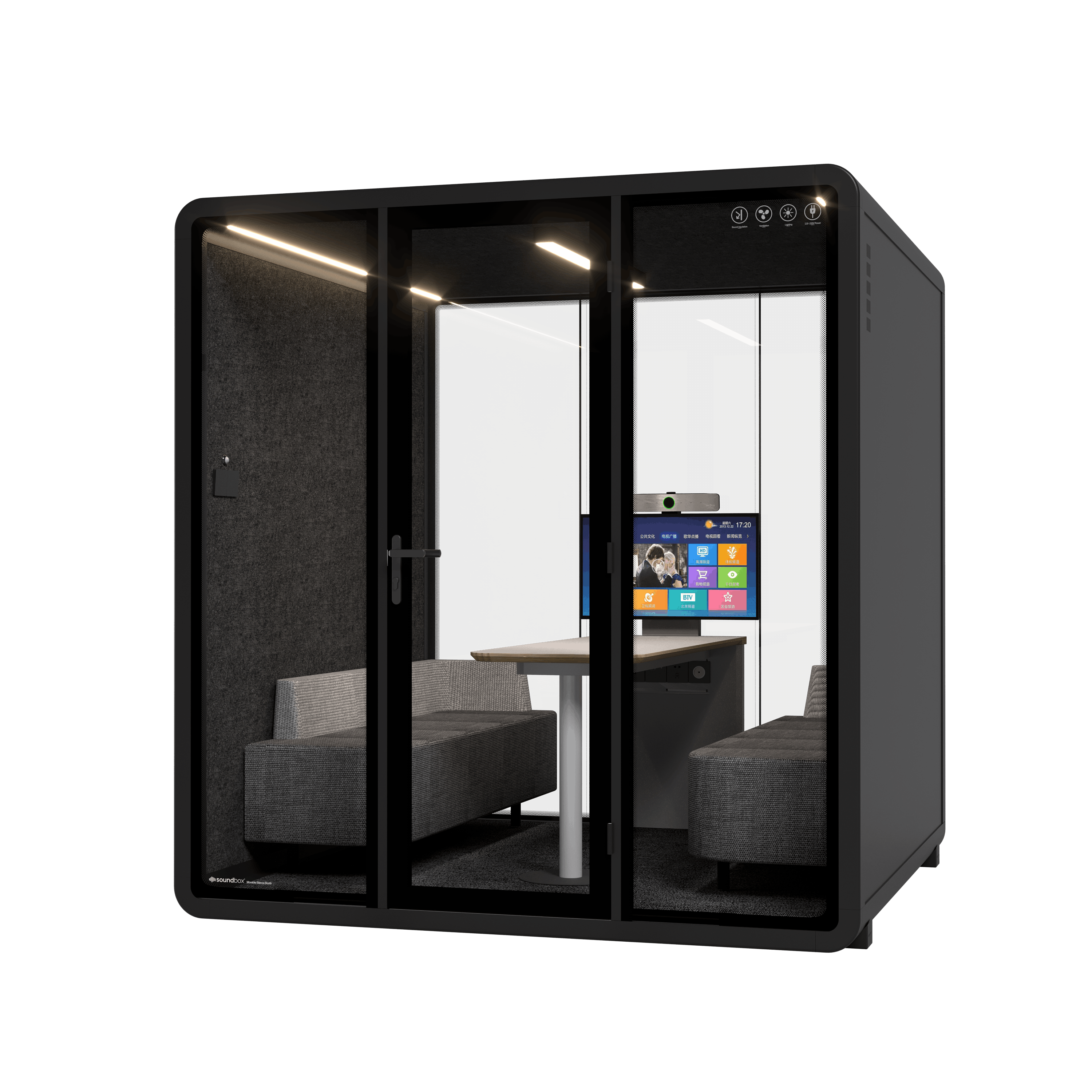 Compact private workspace booth with cushioned seat, small corner desk, and built-in power outlets.