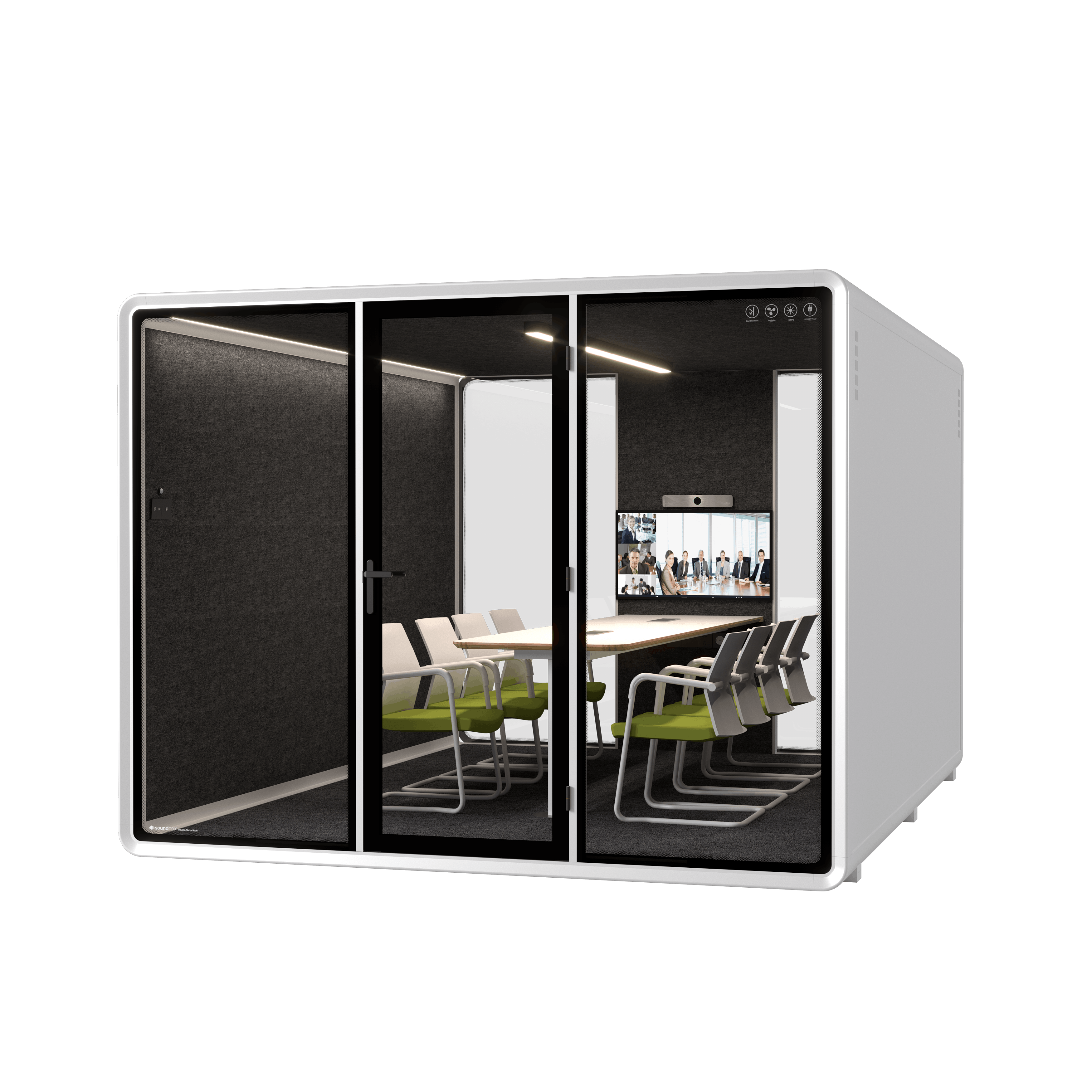 Compact private workspace booth with cushioned seat, small corner desk, and built-in power outlets.