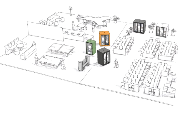 Compact private workspace booth with cushioned seat, small corner desk, and built-in power outlets.