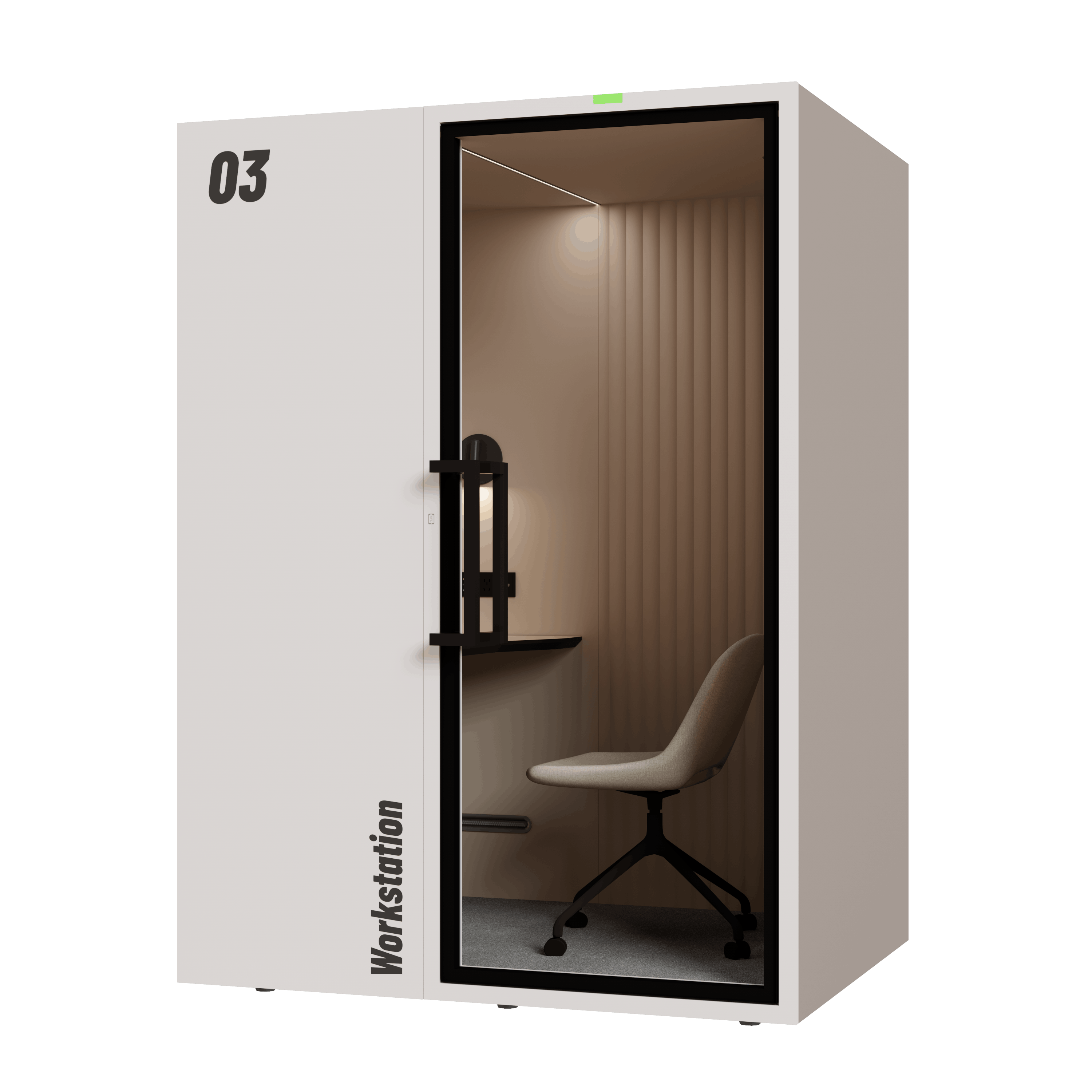 Compact private workspace booth with cushioned seat, small corner desk, and built-in power outlets.
