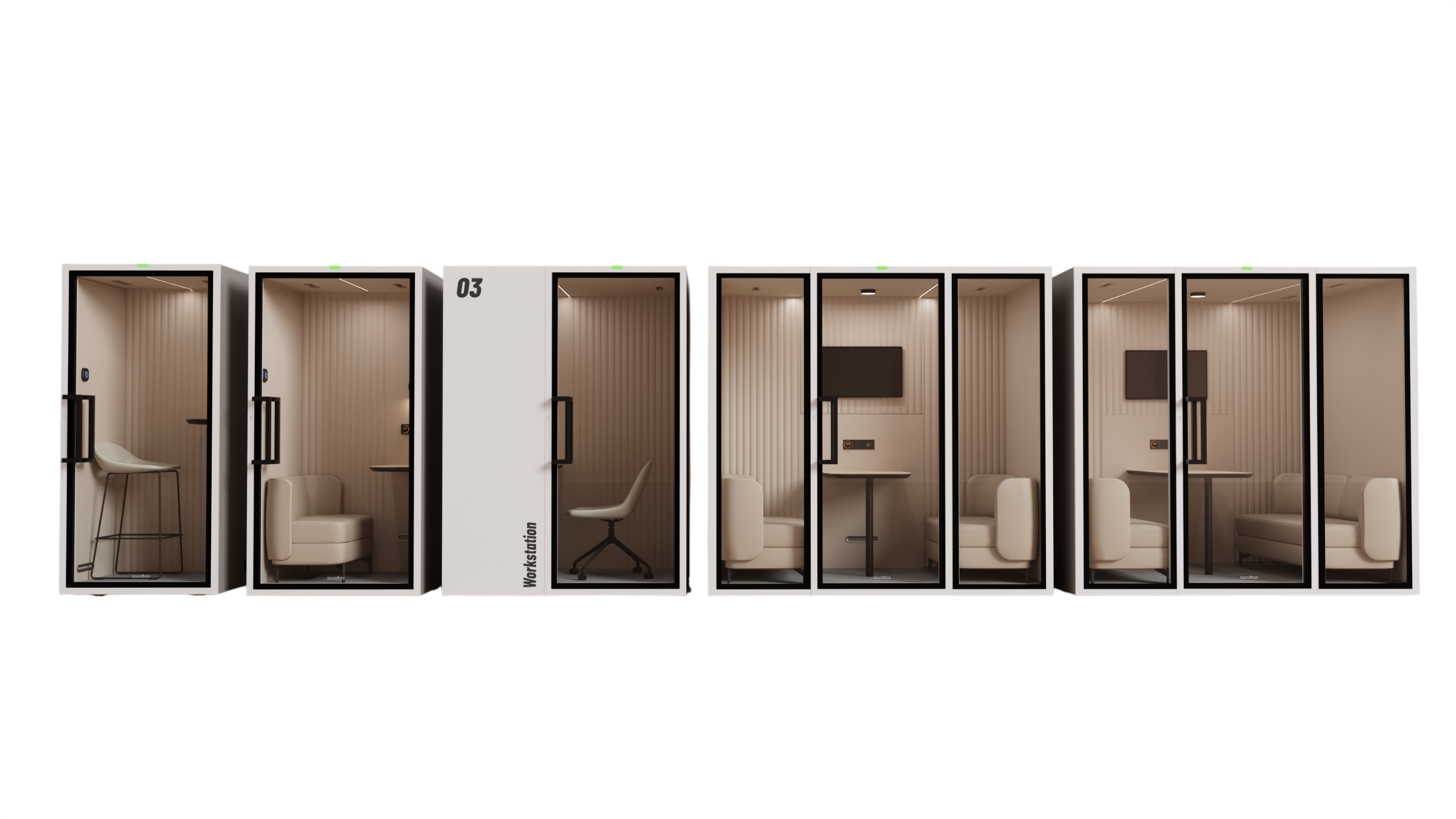 Compact private workspace booth with cushioned seat, small corner desk, and built-in power outlets.