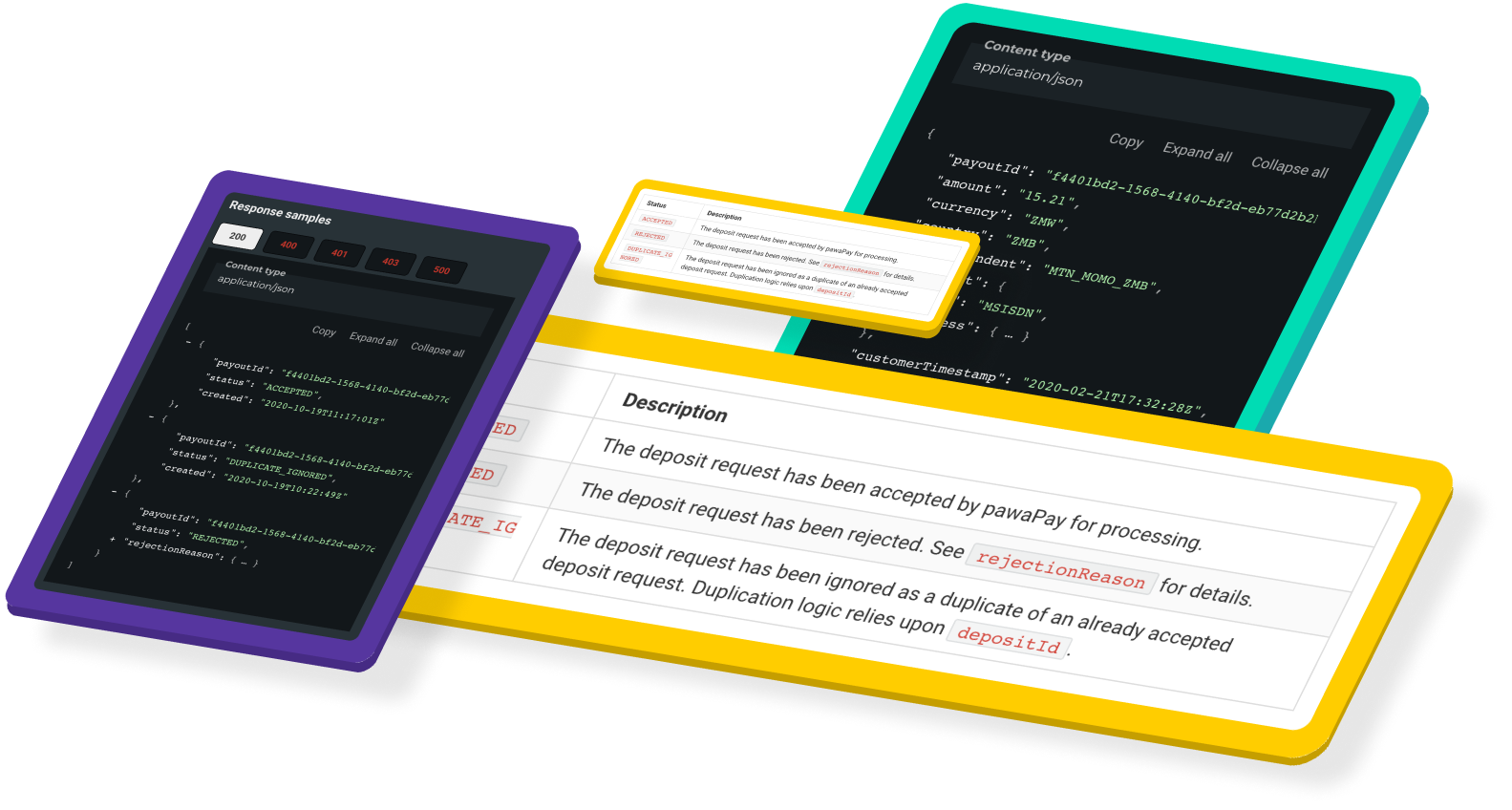 Graphic screens "Merchant API" with some code.