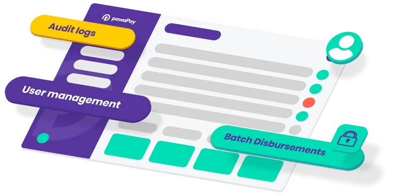 Graphic screen with "Audit logs", "User management" and "Batch disbursements" labels.