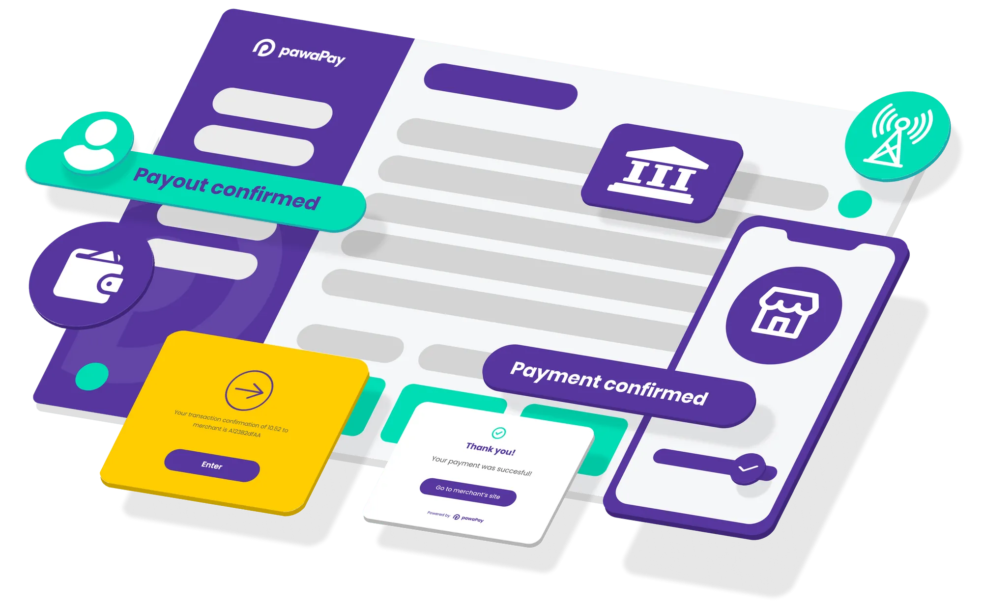 Dashboard graphic with pop up banners with payout confirmed.