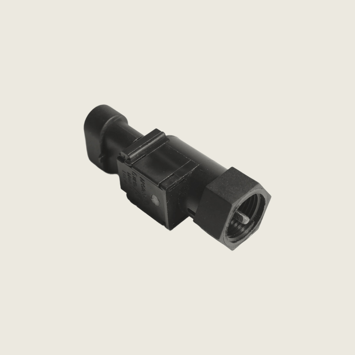 Black plastic industrial connector or sensor with a hexagonal threaded end.