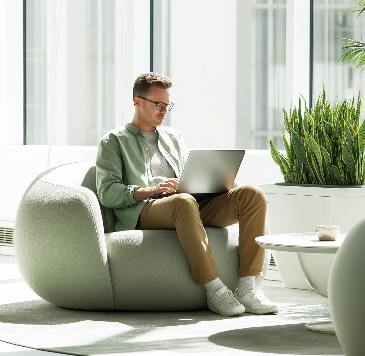 Man Working On Laptop In Modern Minimal Office Techpay Webflow Template | BRIX Template