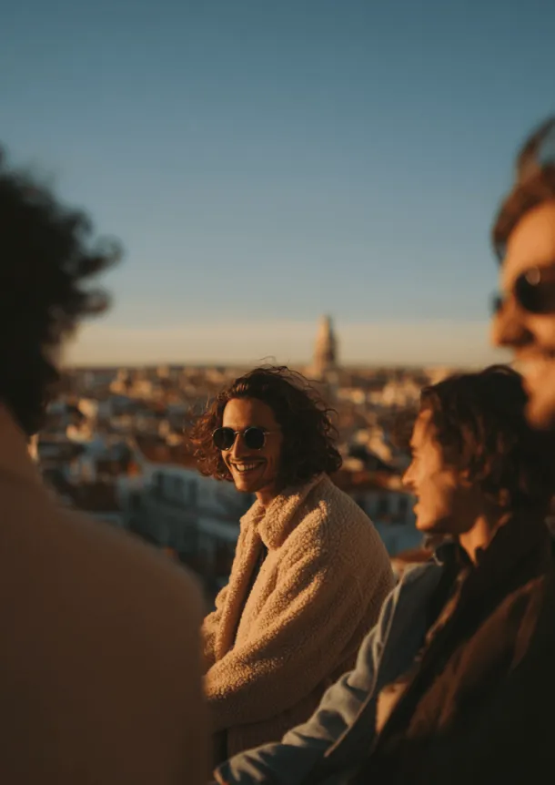 A group of friends laughing outdoors during golden hour.