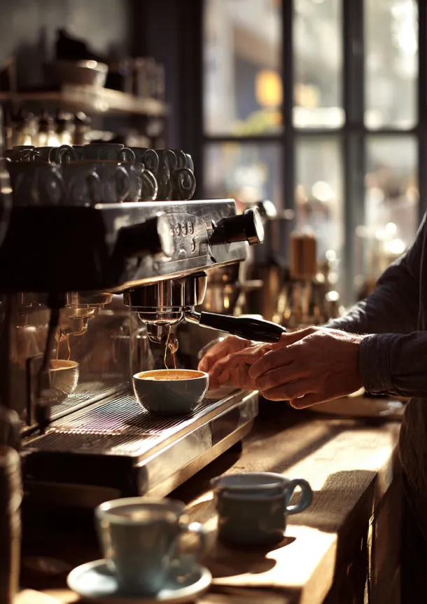 Barista preparing espresso using a coffee machine in a café