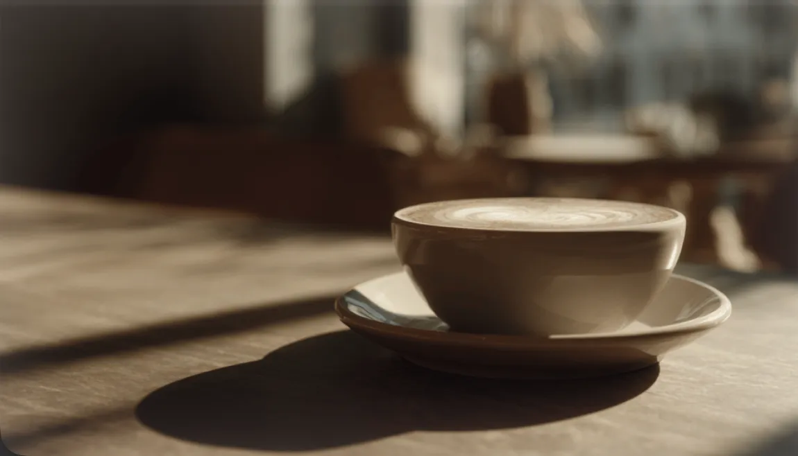 A cup of coffee on a wooden table with sunlight casting shadows.