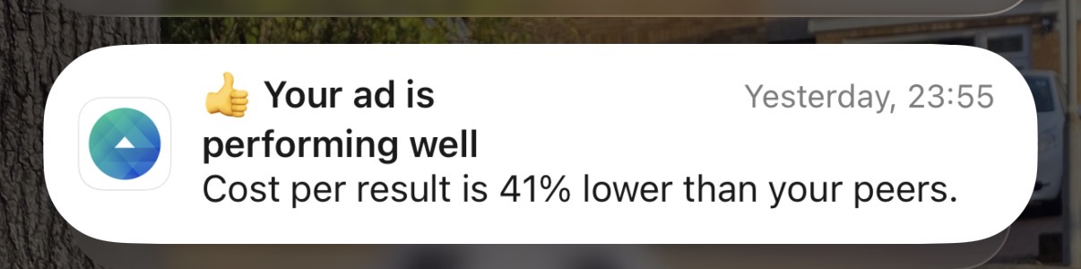 Meta notification showing ad performance