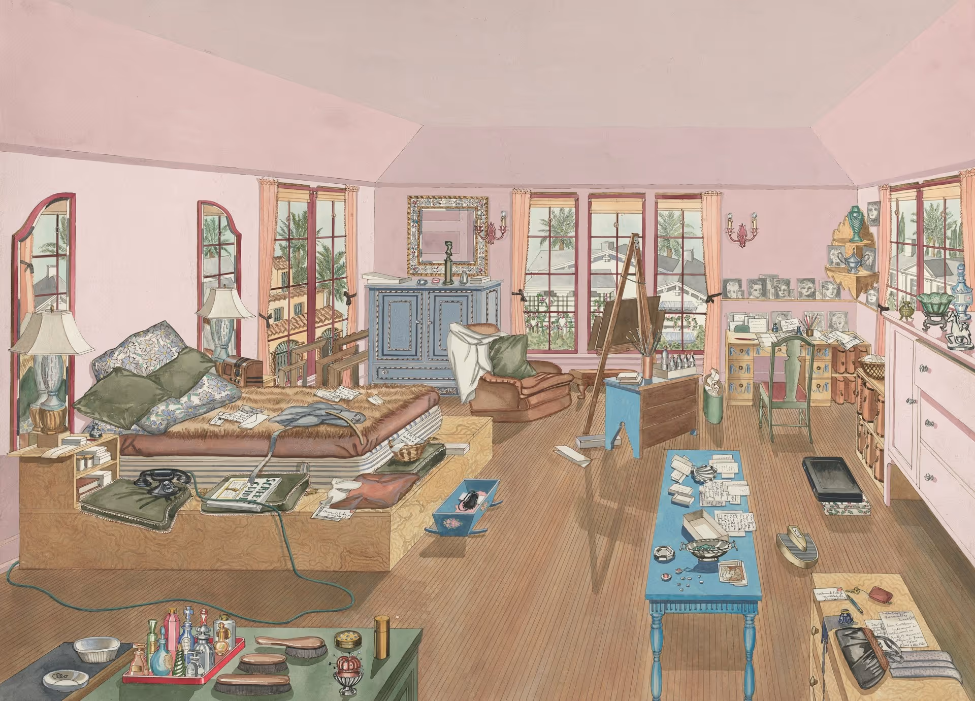 Detailed illustration of a cozy artist's studio with a bed, armchair, easel, blue worktable, and large windows with pink curtains.