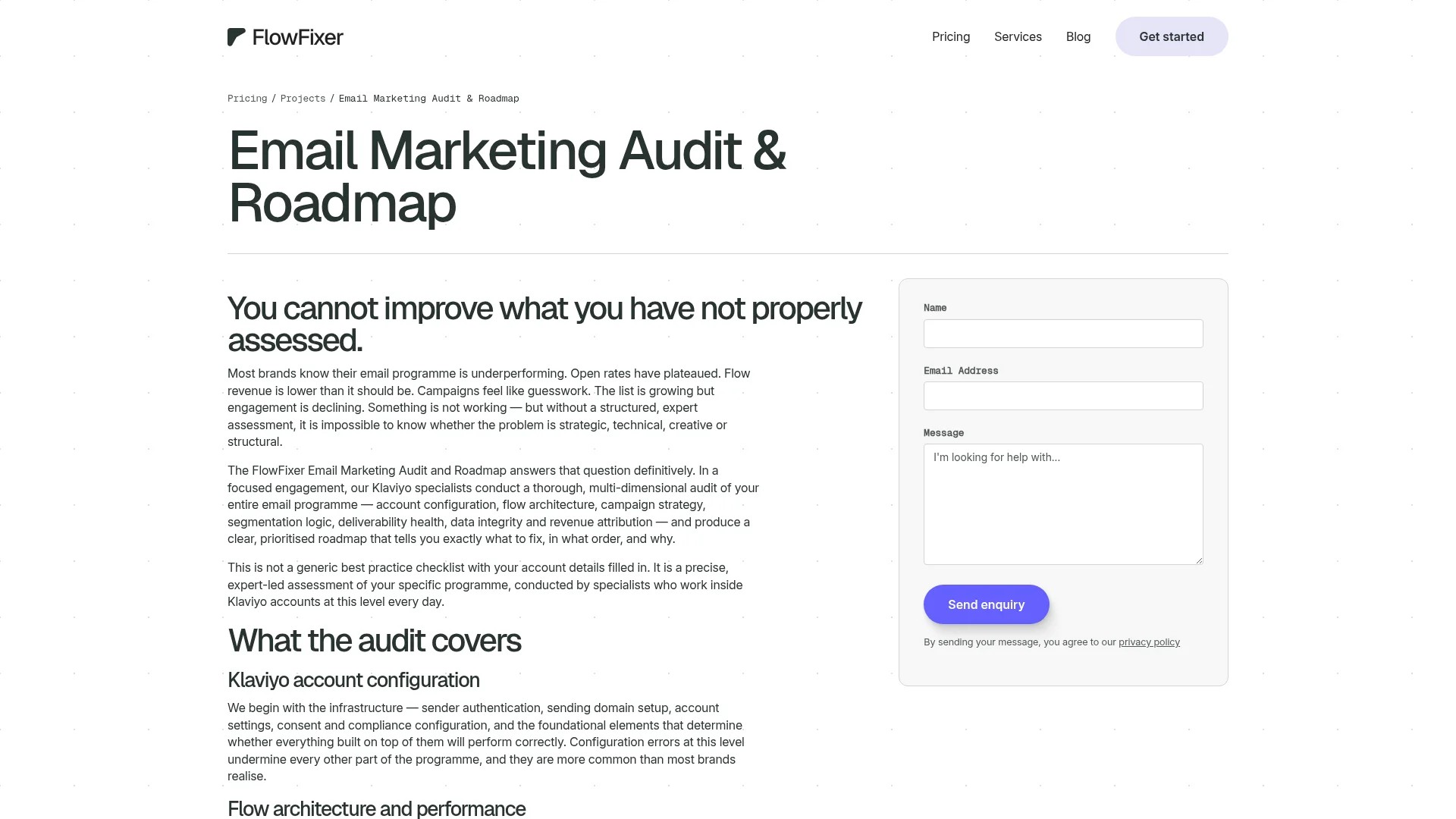 Screenshot of https://www.flowfixer.com/pricing/projects/email-marketing-audit-roadmap