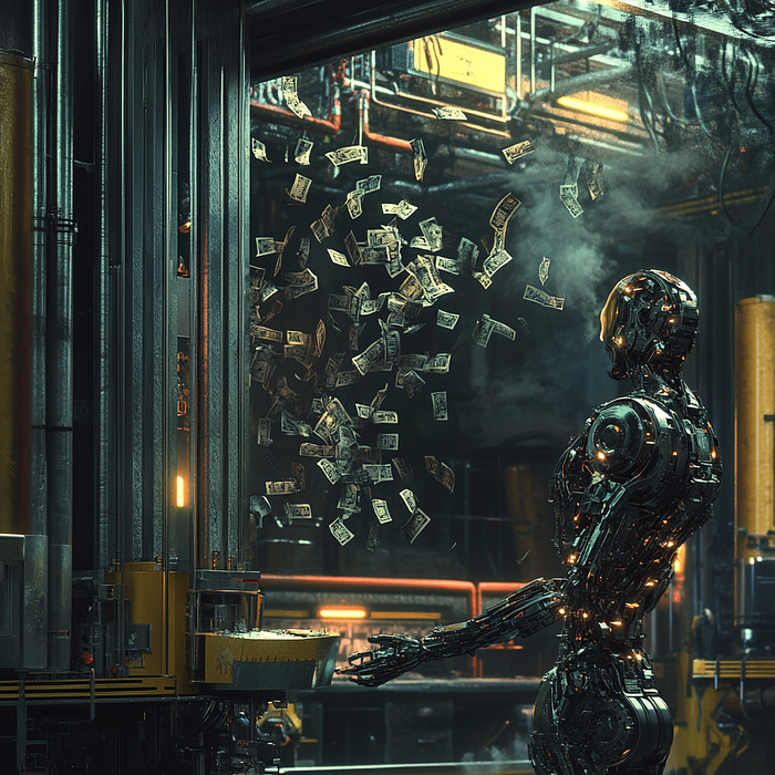 Robot With Money In Factory
