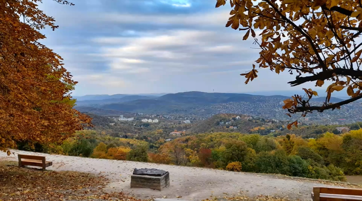 Scenic overlook with benches surrounded by autumn trees and a view of rolling hills and a town in the distance under a partly cloudy sky.