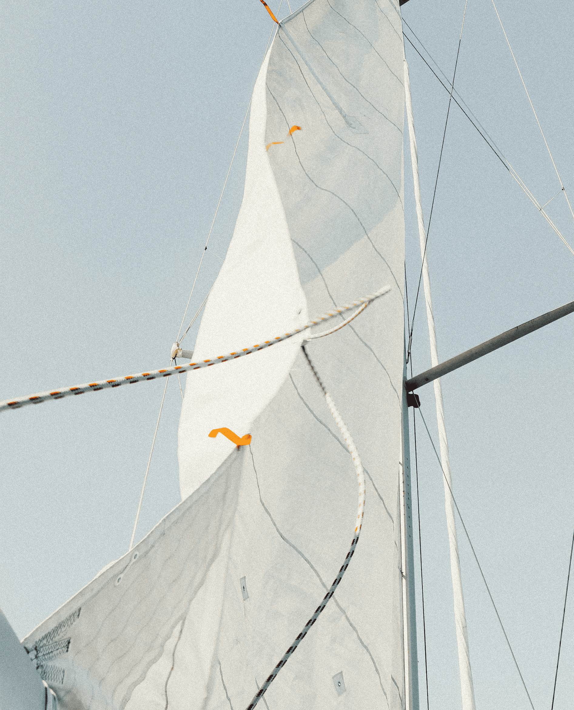 Velas blancas izadas de un velero con cuerdas y arneses contra un cielo azul claro.