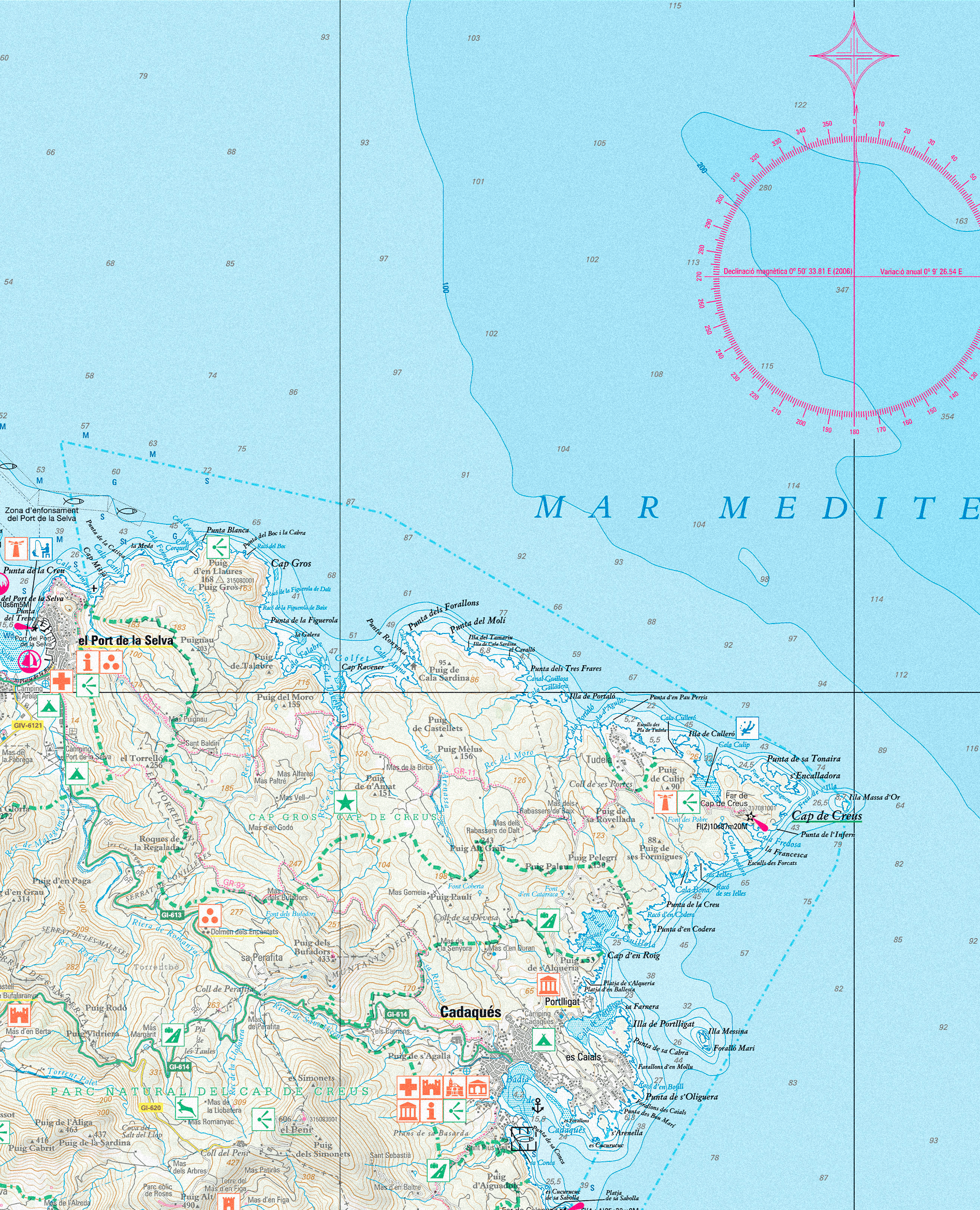 Mapa topográfico y náutico detallado mostrando la costa de Cadaqués y el Cap de Creus en el Mar Mediterráneo, con símbolos de senderismo, campings, información turística y lugares de interés.