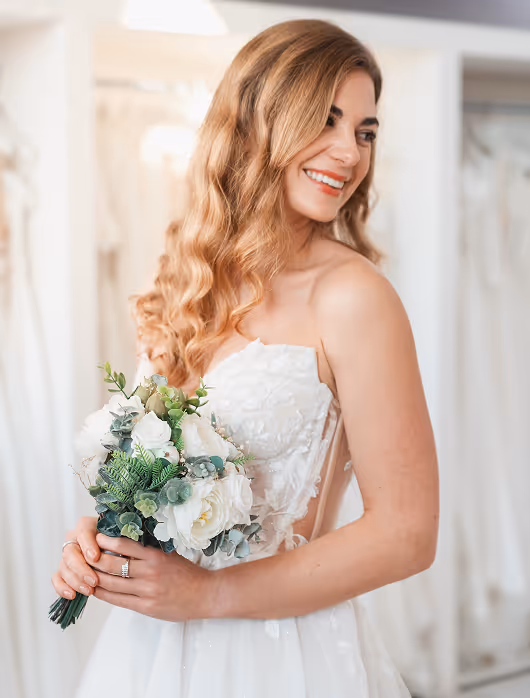 Šťastná nevěsta s vlnitými blond vlasy drží kytici bílých květin v krajkových šatech.