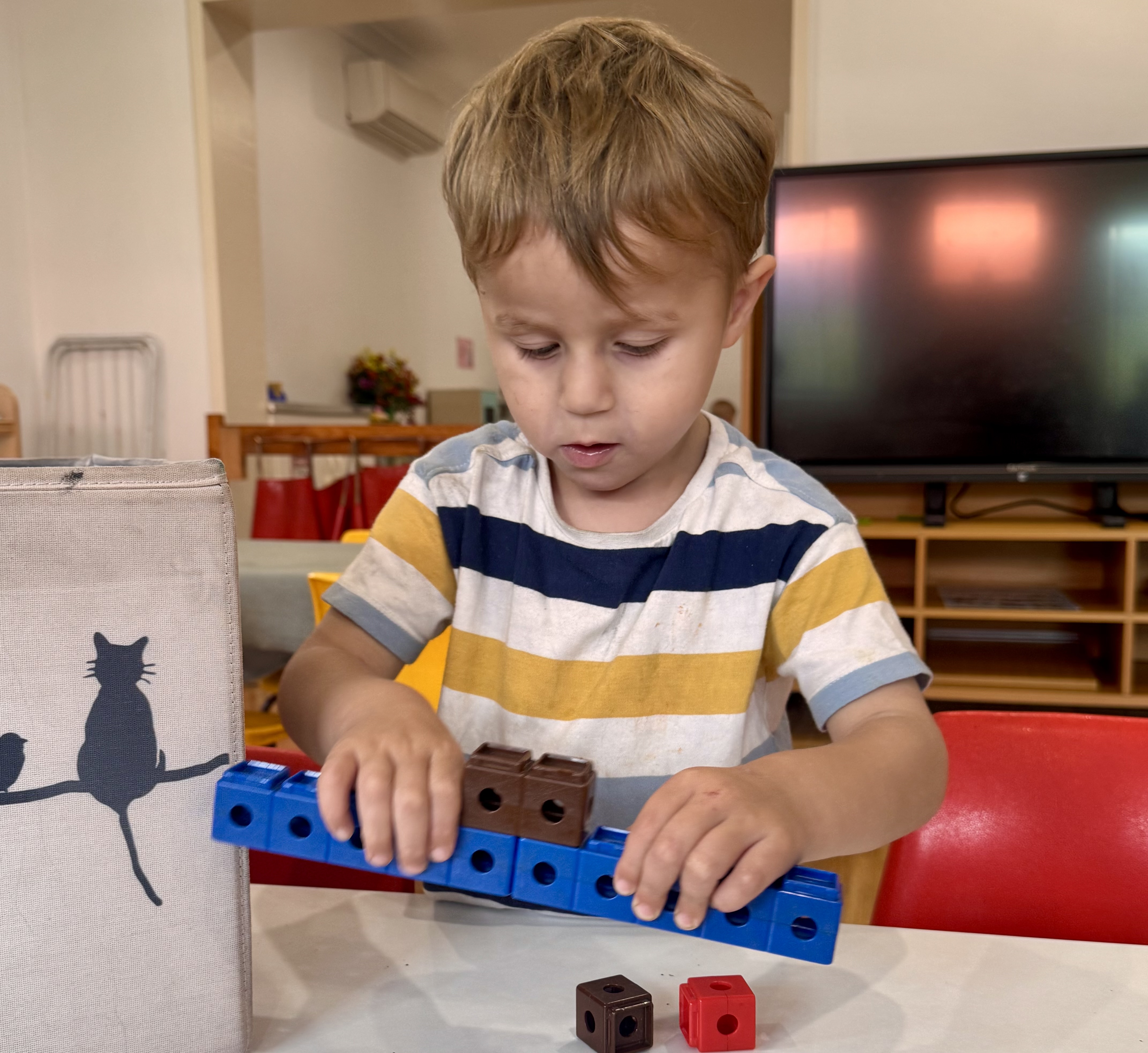 Young boy assembling blue, brown, and red plastic interlocking cubes at a table in a classroom. A student from Quakers Hill Kindergarten & Child Care Centre.