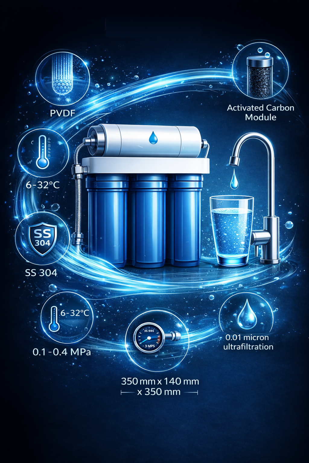 Ultrafiltrations- och kolfiltersystem med tekniska specifikationer: PVDF-membran, 0,01 mikron, 0,1–0,4 MPa