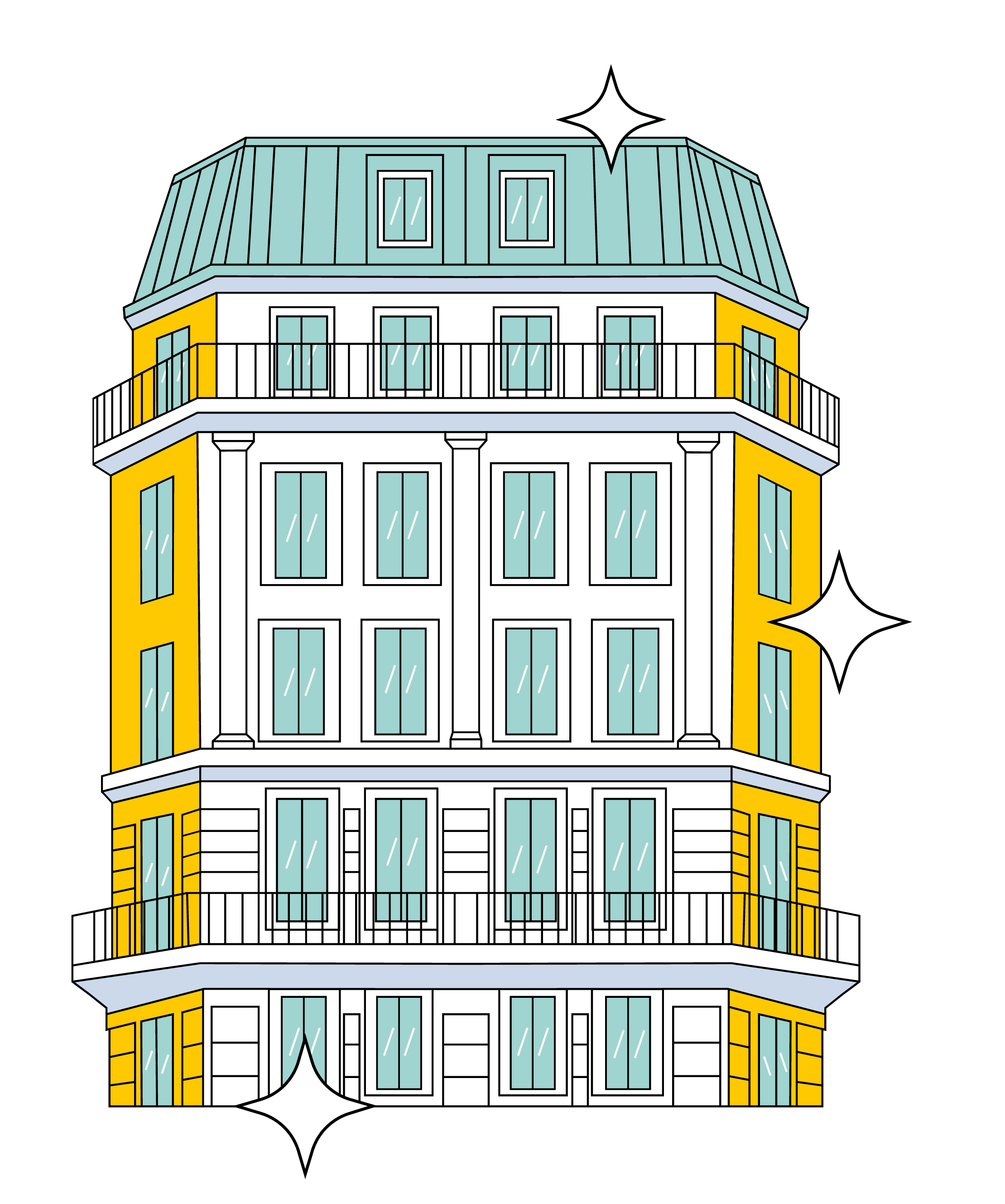 Illustration d'un bâtiment élégant avec des murs blancs et jaunes, plusieurs fenêtres bleues et un toit vert.