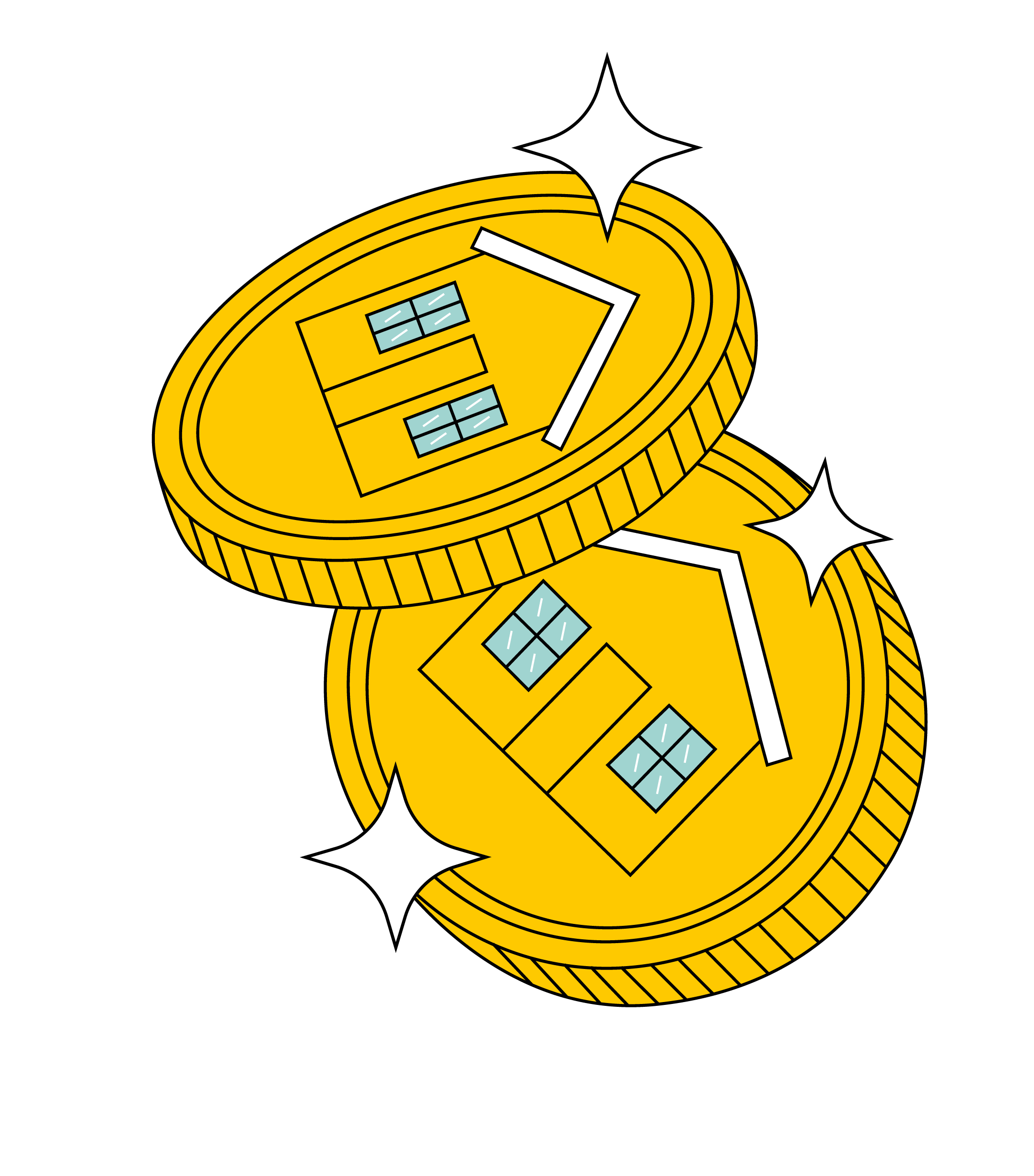 Deux pièces dorées empilées avec une illustration de maison au centre et des éclats brillants autour.
