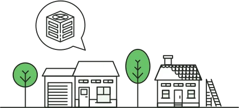Line art of two houses with three green trees and a speech bubble depicting a storage box icon.