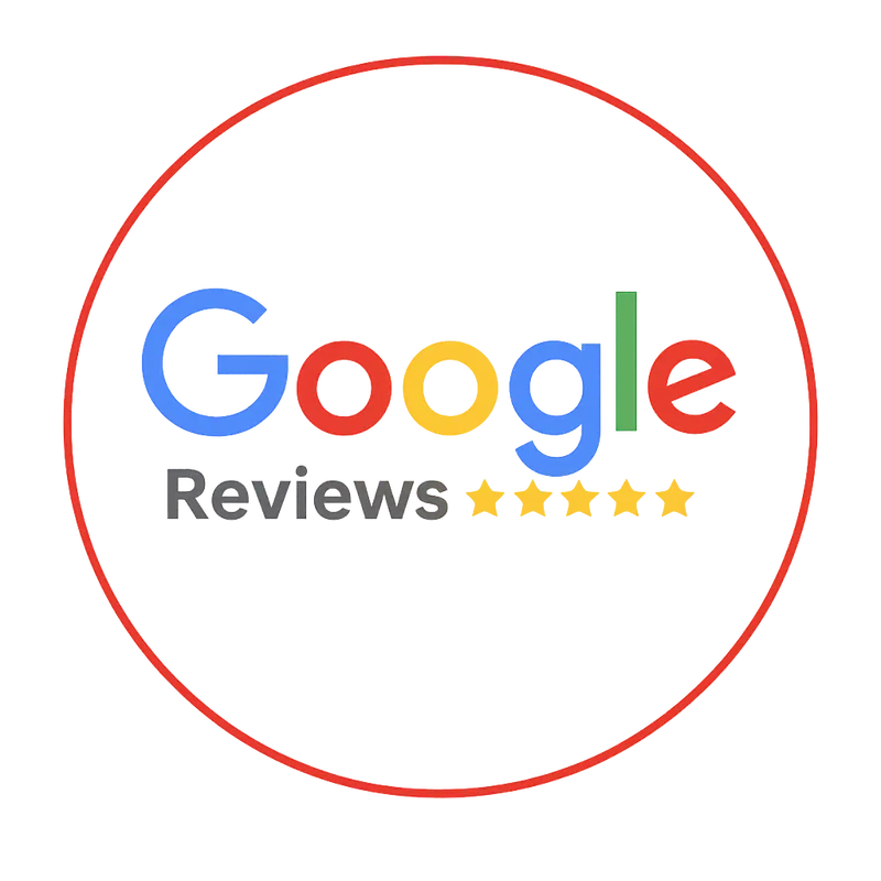 Google Reviews logo with a five-star rating below the text inside a red circle.