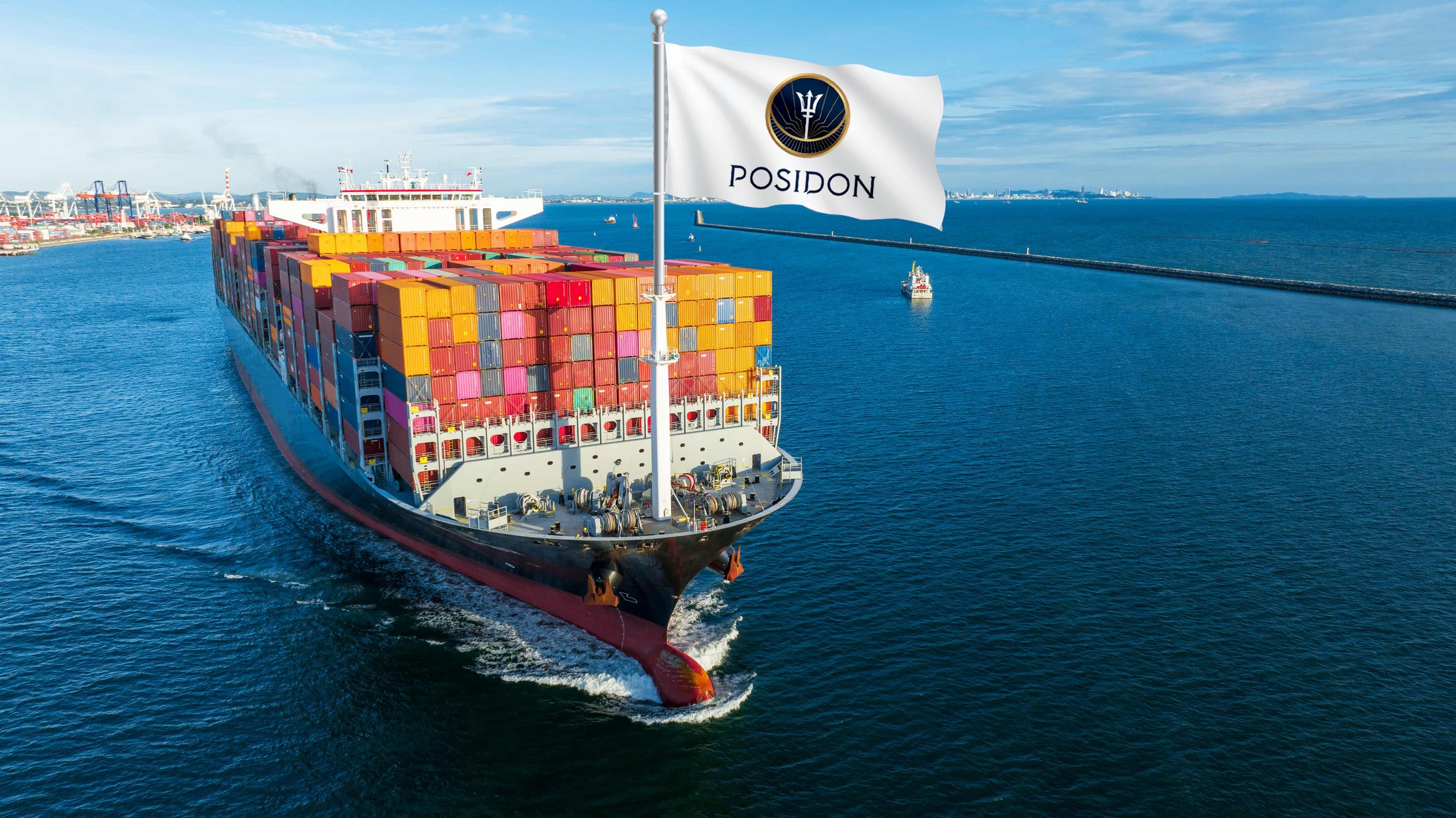 Buque portacontenedores navegando con la bandera de Posidon