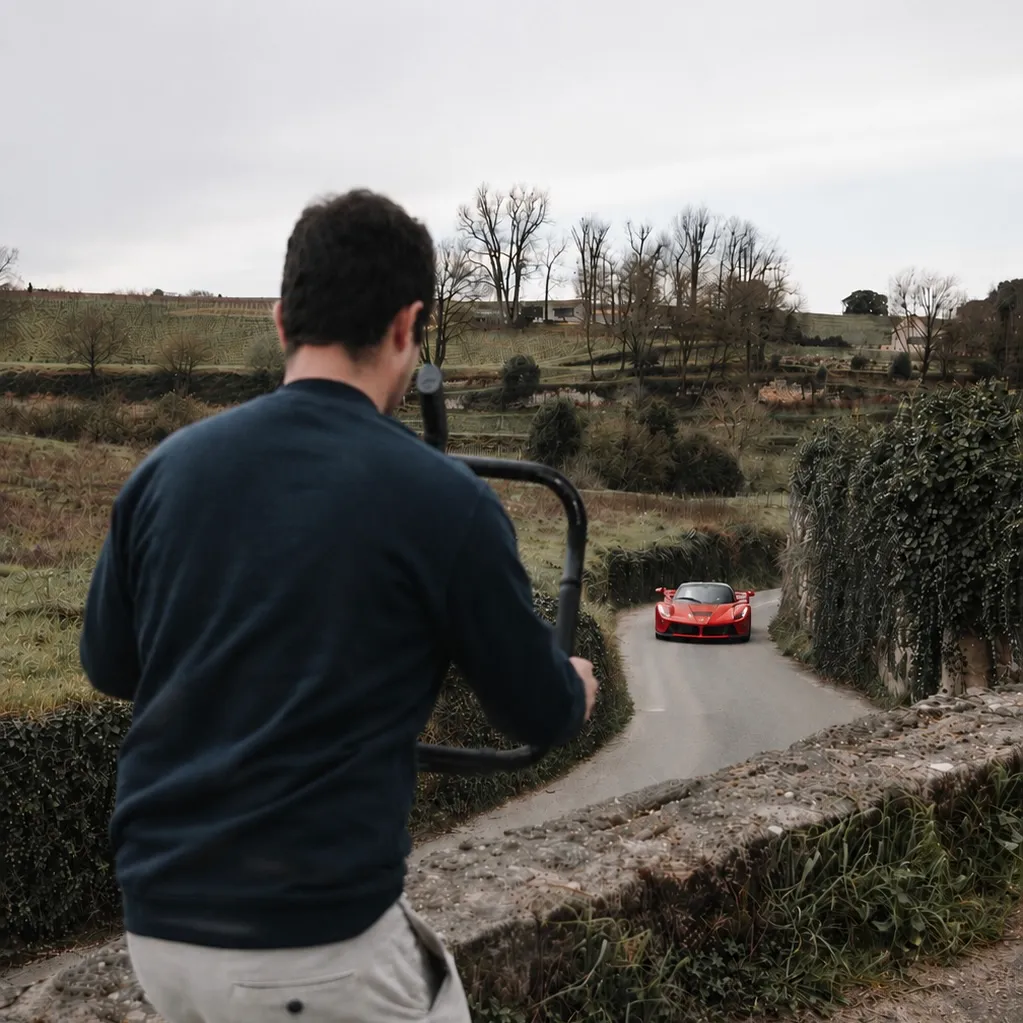 opérateur caméra filmant une voiture de sport sur route
