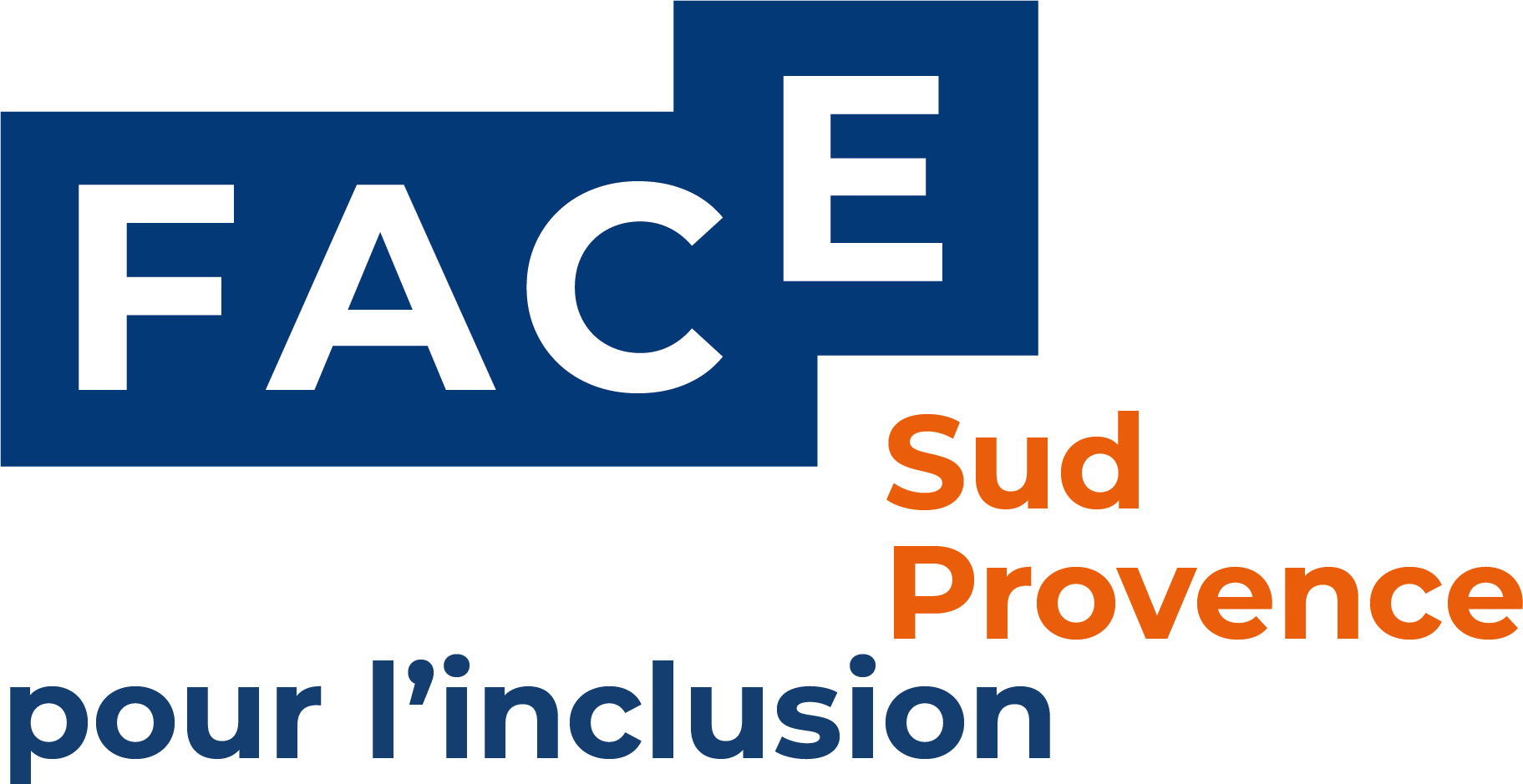 Logo de FACE Sud Provence pour l'inclusion avec les lettres FACE en blanc sur fond bleu et Sud Provence en orange.