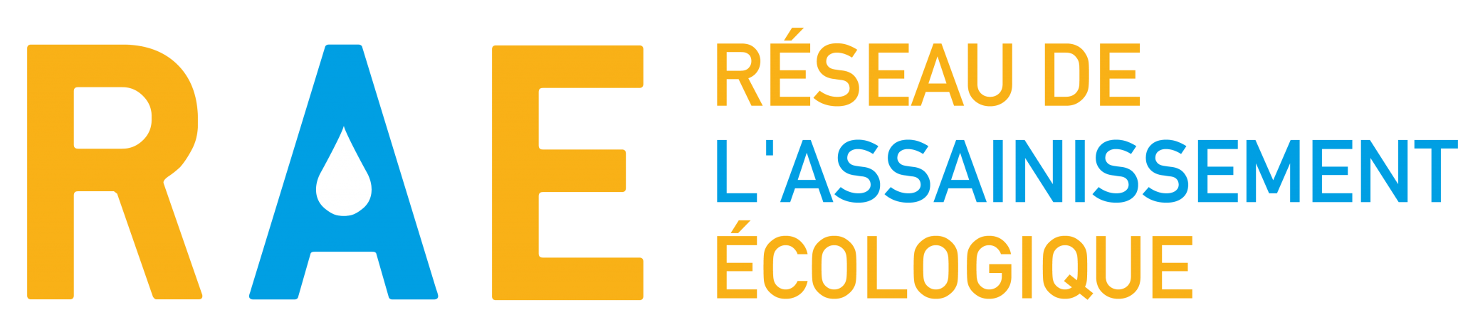 Logo du Réseau de l'Assainissement Écologique avec les lettres R et E en orange et le A en bleu contenant une goutte blanche.