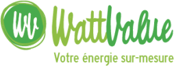Logo WattValue avec un cercle vert contenant les initiales 'WV' blanches, et le texte vert 'WattValue' suivi du slogan 'Votre énergie sur-mesure'.