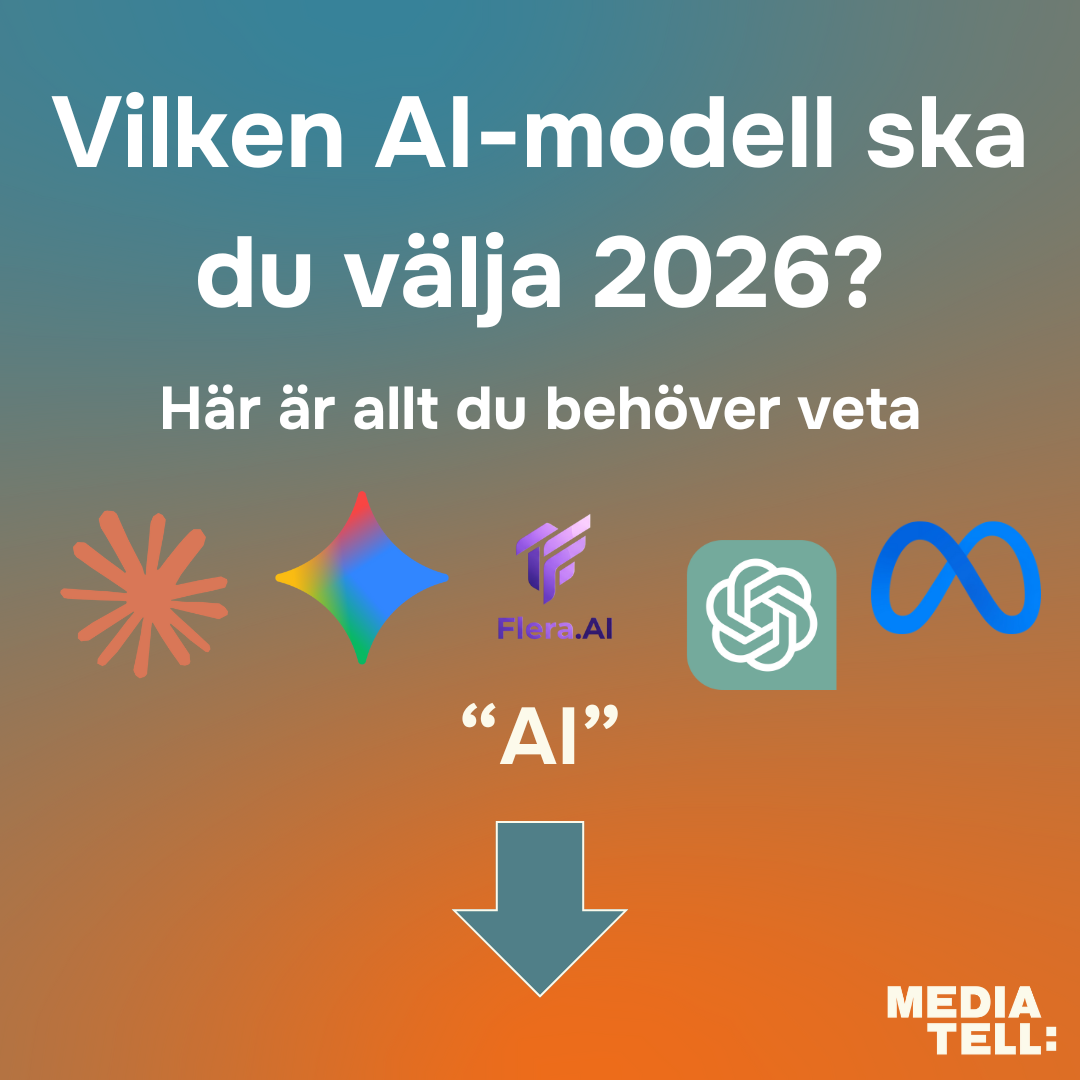 Text: Vilken AI-modell ska du välja 2026? Här är allt du behöver veta. Under texten finns fem AI-logotyper och en nedåtriktad pil, samt MEDIATELL-logotyp i hörnet.